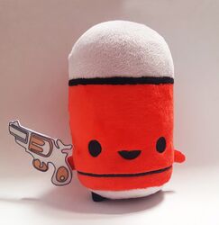 A red and white Bullet Kin, marketed as Bloodshot